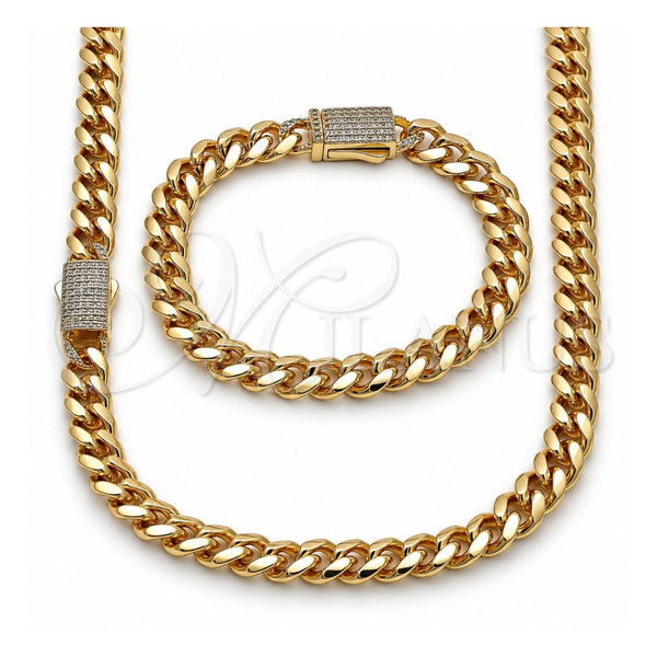 Collar y Pulsera 06.156.0003 Oro Laminado, Diseño de Miami Cubana, con Zirconia Cubica Blanca, Pulido, Tono Dorado