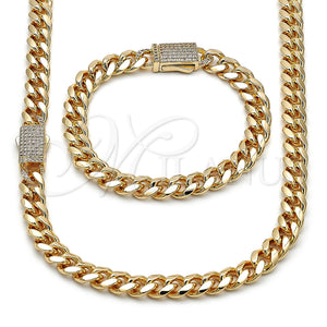 Collar y Pulsera 06.156.0003 Oro Laminado, Diseño de Miami Cubana, con Blanca Zirconia Cubica, Pulido, Tono Dorado