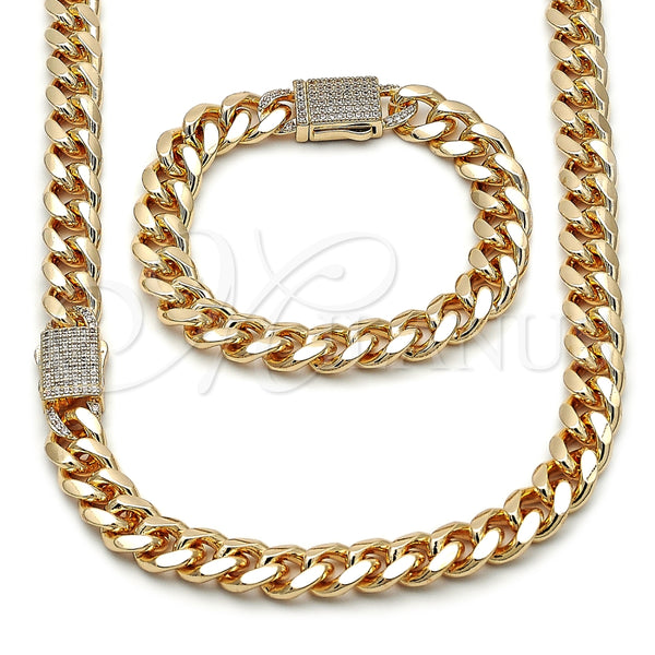 Collar y Pulsera 06.156.0004 Oro Laminado, Diseño de Miami Cubana, con Blanca Zirconia Cubica, Pulido, Tono Dorado
