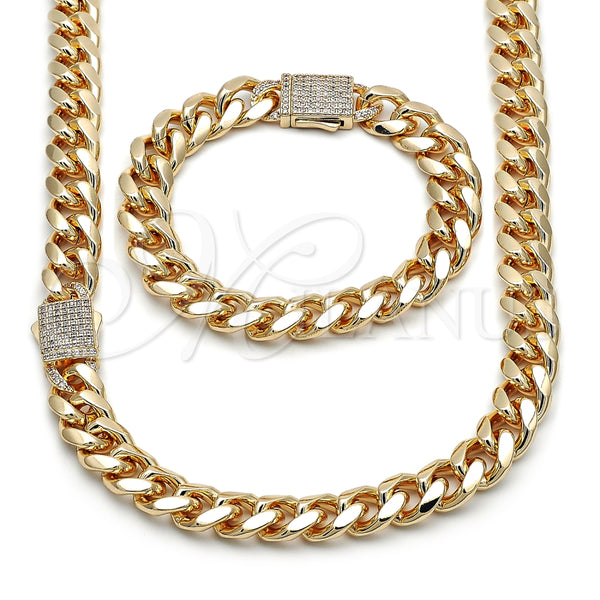 Collar y Pulsera 06.156.0005 Oro Laminado, Diseño de Miami Cubana, con Blanca Zirconia Cubica, Pulido, Tono Dorado