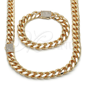 Collar y Pulsera 06.156.0005 Oro Laminado, Diseño de Miami Cubana, con Blanca Zirconia Cubica, Pulido, Tono Dorado