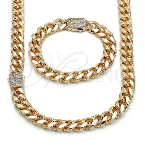 Collar y Pulsera 06.156.0005 Oro Laminado, Diseño de Miami Cubana, con Blanca Zirconia Cubica, Pulido, Tono Dorado