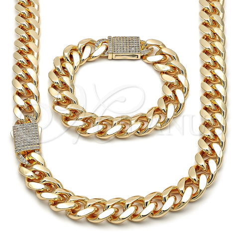 Collar y Pulsera 06.156.0006 Oro Laminado, Diseño de Miami Cubana, con Blanca Zirconia Cubica, Pulido, Tono Dorado