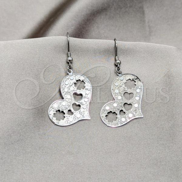 Arete Largo 02.63.2833 Acero Inoxidable, Diseño de Corazón y Flor, Pulido, Tono Plateado