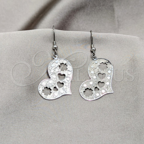 Arete Largo 02.63.2833 Acero Inoxidable, Diseño de Corazón y Flor, Pulido, Tono Plateado