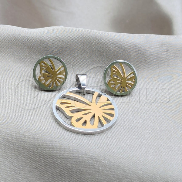 Juego de Arete y Dije de Adulto 10.63.0615 Acero Inoxidable, Diseño de Mariposa, Pulido Blanco, Tono Plateado