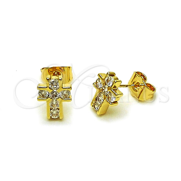 Arete Dormilona 02.156.0734 Oro Laminado, Diseño de Cruz, con Blanca Zirconia Cubica, Pulido, Tono Dorado