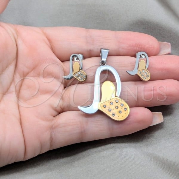 Juego de Arete y Dije de Adulto 10.63.0619 Acero Inoxidable, Diseño de Corazón, con Blanca Zirconia Cubica, Pulido, Tono Plateado