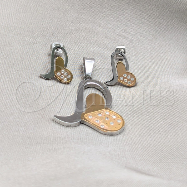 Juego de Arete y Dije de Adulto 10.63.0619 Acero Inoxidable, Diseño de Corazón, con Blanca Zirconia Cubica, Pulido, Tono Plateado