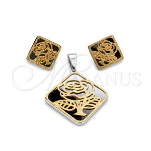 Juego de Arete y Dije de Adulto 10.63.0620 Acero Inoxidable, Diseño de Flor y Diamante, Pulido, Tono Dorado