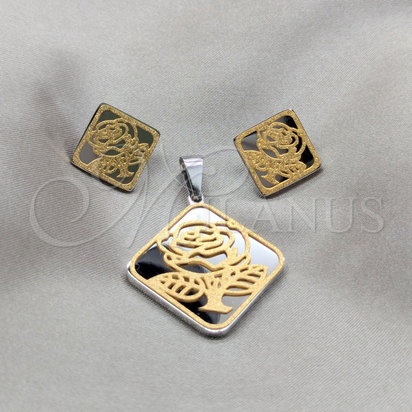 Juego de Arete y Dije de Adulto 10.63.0620 Acero Inoxidable, Diseño de Flor y Diamante, Pulido, Tono Dorado