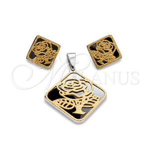Juego de Arete y Dije de Adulto 10.63.0620 Acero Inoxidable, Diseño de Flor y Diamante, Pulido, Tono Dorado