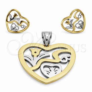 Juego de Arete y Dije de Adulto 10.63.0621 Acero Inoxidable, Diseño de Corazón y Flor, Pulido, Tono Plateado