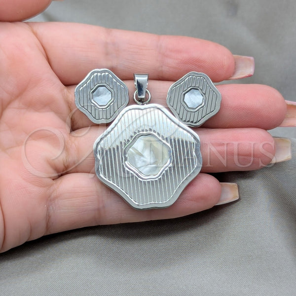 Juego de Arete y Dije de Adulto 10.63.0623 Acero Inoxidable, Diseño de Trébol de Cuatro Hojas, Esmaltado Blanco, Tono Plateado