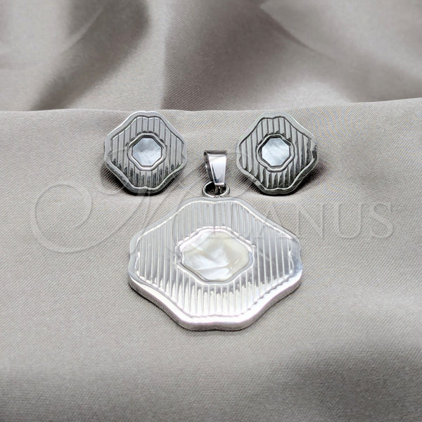 Juego de Arete y Dije de Adulto 10.63.0623 Acero Inoxidable, Diseño de Trébol de Cuatro Hojas, Esmaltado Blanco, Tono Plateado
