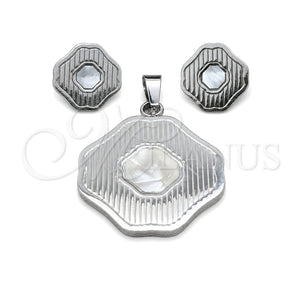 Juego de Arete y Dije de Adulto 10.63.0623 Acero Inoxidable, Diseño de Trébol de Cuatro Hojas, Esmaltado Blanco, Tono Plateado