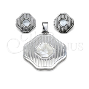 Juego de Arete y Dije de Adulto 10.63.0623 Acero Inoxidable, Diseño de Trébol de Cuatro Hojas, Esmaltado Blanco, Tono Plateado