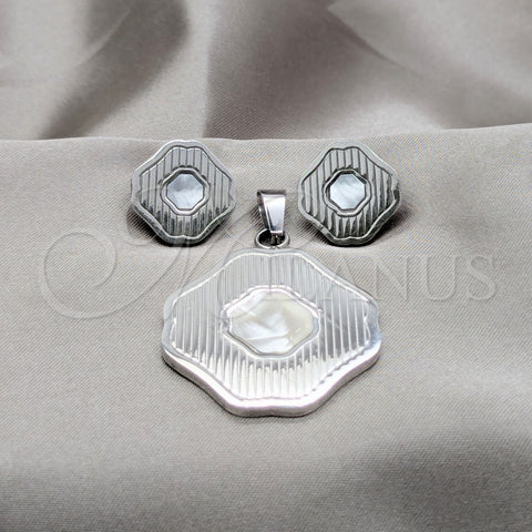 Juego de Arete y Dije de Adulto 10.63.0623 Acero Inoxidable, Diseño de Trébol de Cuatro Hojas, Esmaltado Blanco, Tono Plateado