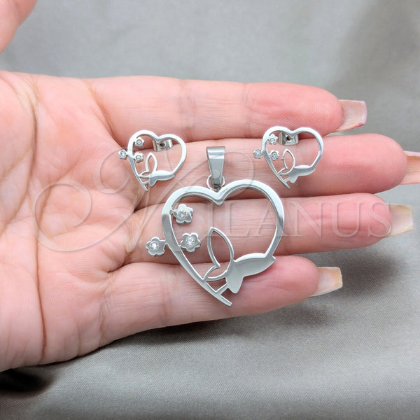 Juego de Arete y Dije de Adulto 10.63.0624 Acero Inoxidable, Diseño de Mariposa y Corazón, con Blanca Cristal, Pulido Blanco, Tono Plateado