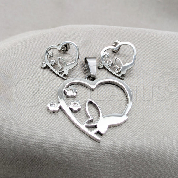 Juego de Arete y Dije de Adulto 10.63.0624 Acero Inoxidable, Diseño de Mariposa y Corazón, con Blanca Cristal, Pulido Blanco, Tono Plateado