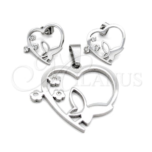 Juego de Arete y Dije de Adulto 10.63.0624 Acero Inoxidable, Diseño de Mariposa y Corazón, con Blanca Cristal, Pulido Blanco, Tono Plateado