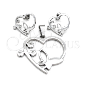 Juego de Arete y Dije de Adulto 10.63.0624 Acero Inoxidable, Diseño de Mariposa y Corazón, con Blanca Cristal, Pulido Blanco, Tono Plateado