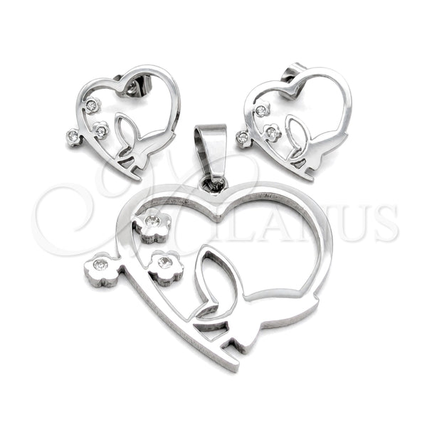 Juego de Arete y Dije de Adulto 10.63.0624 Acero Inoxidable, Diseño de Mariposa y Corazón, con Blanca Cristal, Pulido Blanco, Tono Plateado