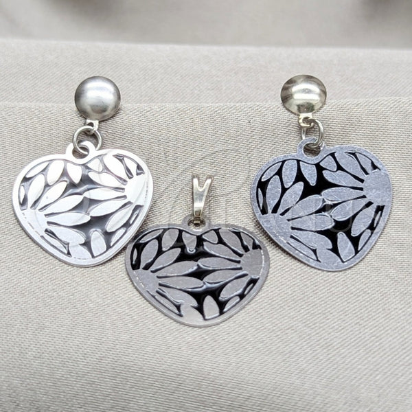 Juego de Arete y Dije de Adulto 10.63.0628 Acero Inoxidable, Diseño de Corazón y Flor, Pulido Blanco, Tono Plateado