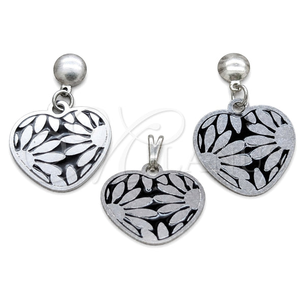 Juego de Arete y Dije de Adulto 10.63.0628 Acero Inoxidable, Diseño de Corazón y Flor, Pulido Blanco, Tono Plateado