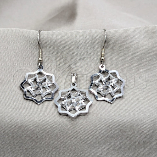 Juego de Arete y Dije de Adulto 10.63.0630 Acero Inoxidable, Diseño de Flor, Pulido Blanco, Tono Plateado