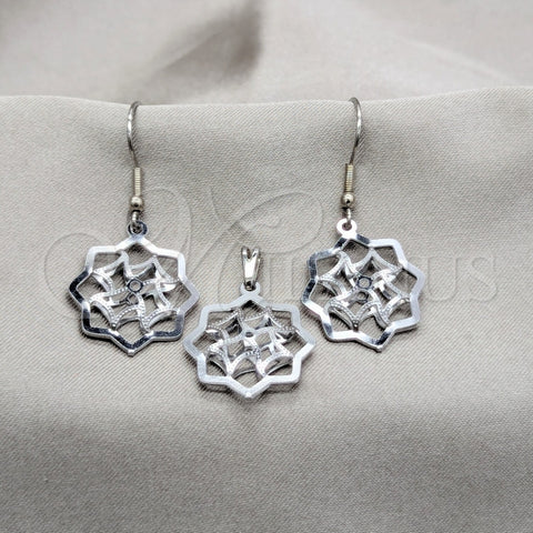 Juego de Arete y Dije de Adulto 10.63.0630 Acero Inoxidable, Diseño de Flor, Pulido Blanco, Tono Plateado