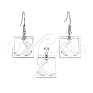 Juego de Arete y Dije de Adulto 10.63.0637 Acero Inoxidable, Diseño de Luna, Esmaltado Blanco, Tono Plateado
