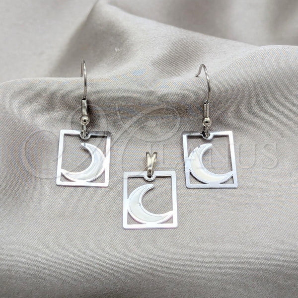 Juego de Arete y Dije de Adulto 10.63.0637 Acero Inoxidable, Diseño de Luna, Esmaltado Blanco, Tono Plateado