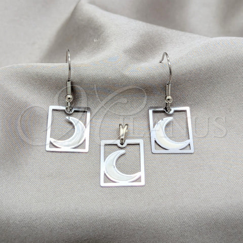 Juego de Arete y Dije de Adulto 10.63.0637 Acero Inoxidable, Diseño de Luna, Esmaltado Blanco, Tono Plateado
