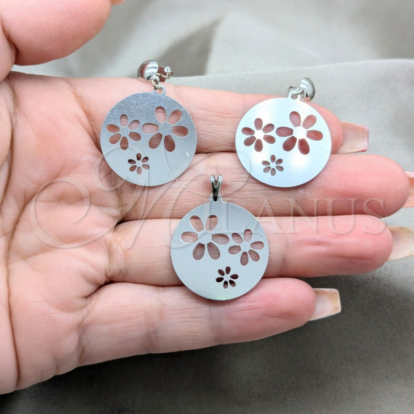 Juego de Arete y Dije de Adulto 10.63.0642 Acero Inoxidable, Diseño de Flor, Pulido Blanco, Tono Plateado