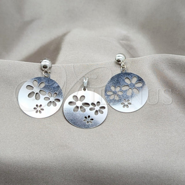 Juego de Arete y Dije de Adulto 10.63.0642 Acero Inoxidable, Diseño de Flor, Pulido Blanco, Tono Plateado