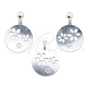 Juego de Arete y Dije de Adulto 10.63.0642 Acero Inoxidable, Diseño de Flor, Pulido Blanco, Tono Plateado