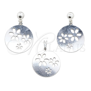 Juego de Arete y Dije de Adulto 10.63.0642 Acero Inoxidable, Diseño de Flor, Pulido Blanco, Tono Plateado