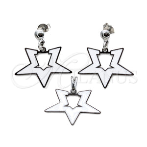 Juego de Arete y Dije de Adulto 10.63.0644 Acero Inoxidable, Diseño de Estrella, Esmaltado Blanco, Tono Plateado