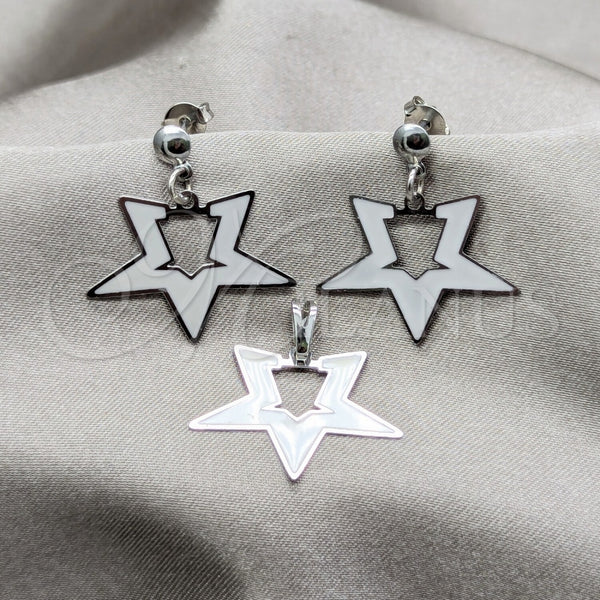 Juego de Arete y Dije de Adulto 10.63.0644 Acero Inoxidable, Diseño de Estrella, Esmaltado Blanco, Tono Plateado