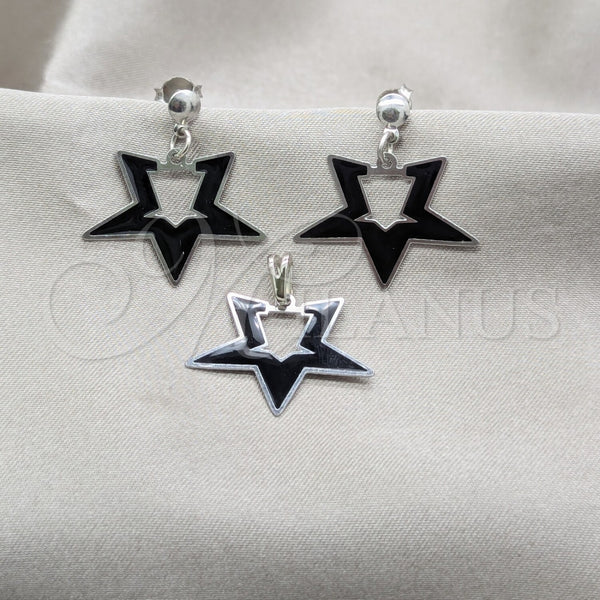 Juego de Arete y Dije de Adulto 10.63.0645 Acero Inoxidable, Diseño de Estrella, Esmaltado Negro, Tono Plateado
