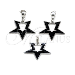 Juego de Arete y Dije de Adulto 10.63.0645 Acero Inoxidable, Diseño de Estrella, Esmaltado Negro, Tono Plateado