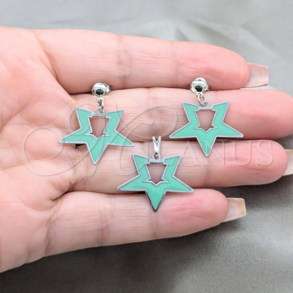 Juego de Arete y Dije de Adulto 10.63.0646 Acero Inoxidable, Diseño de Estrella, Esmaltado Verde, Tono Plateado
