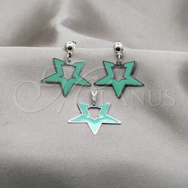 Juego de Arete y Dije de Adulto 10.63.0646 Acero Inoxidable, Diseño de Estrella, Esmaltado Verde, Tono Plateado