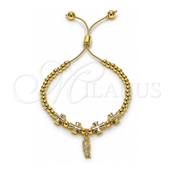 Pulsera Bolo Ajustable 03.341.0237.11 Oro Laminado, Diseño de San Judas y Cruz, Pulido, Tono Dorado (Grosor 04 MM, 11 Pulgadas de Largo)