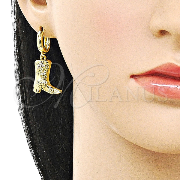 Arete Colgante 02.341.0254 Oro Laminado, Diseño de Zapato y Flor, con Blanca Zirconia Cubica, Pulido, Tono Dorado