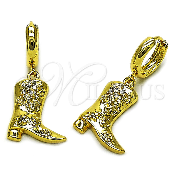 Arete Colgante 02.341.0254 Oro Laminado, Diseño de Zapato y Flor, con Blanca Zirconia Cubica, Pulido, Tono Dorado