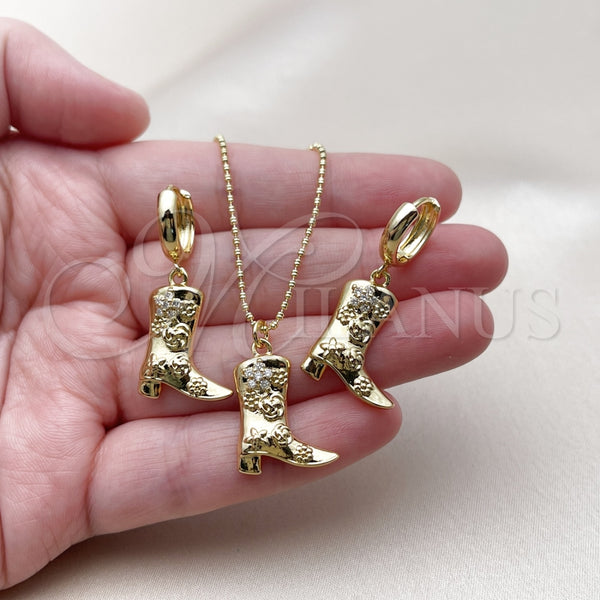 Juego de Arete y Dije de Adulto 10.341.0018 Oro Laminado, Diseño de Zapato y Flor, con Blanca Zirconia Cubica, Pulido, Tono Dorado