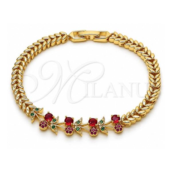 Pulsera Elegante 03.283.0483.07 Oro Laminado, Diseño de Cereza, con Zirconia Cubica Rubi y Verde, Pulido, Tono Dorado (Grosor 05.3 MM, 8 Pulgadas de Largo)