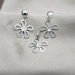 Juego de Arete y Dije de Adulto 10.63.0666 Acero Inoxidable, Diseño de Flor, con Blanca Cristal, Pulido Multicolor, Tono Plateado
